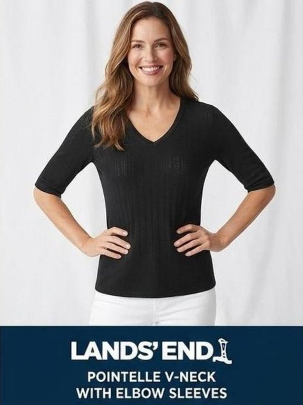 Lands End Womens Size: M Black Pointelle V-Neck Top V-Neckline Elbow Sleeve NWT